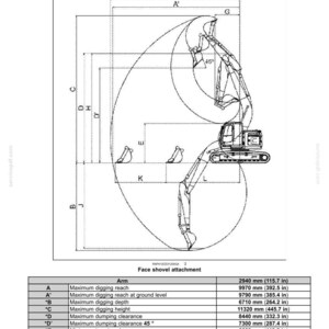 May include: A technical specification diagram for a face shovel attachment on an excavator, featuring a line drawing of the machinery with labeled dimensions A through K, including measurements in both millimeters and inches for operational reach.
