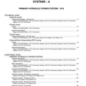 May include: A detailed table of contents for a hydraulic, pneumatic, electrical, and electronic systems manual. The document outlines technical and functional data, including hydraulic pumps, control valves, and symbols.