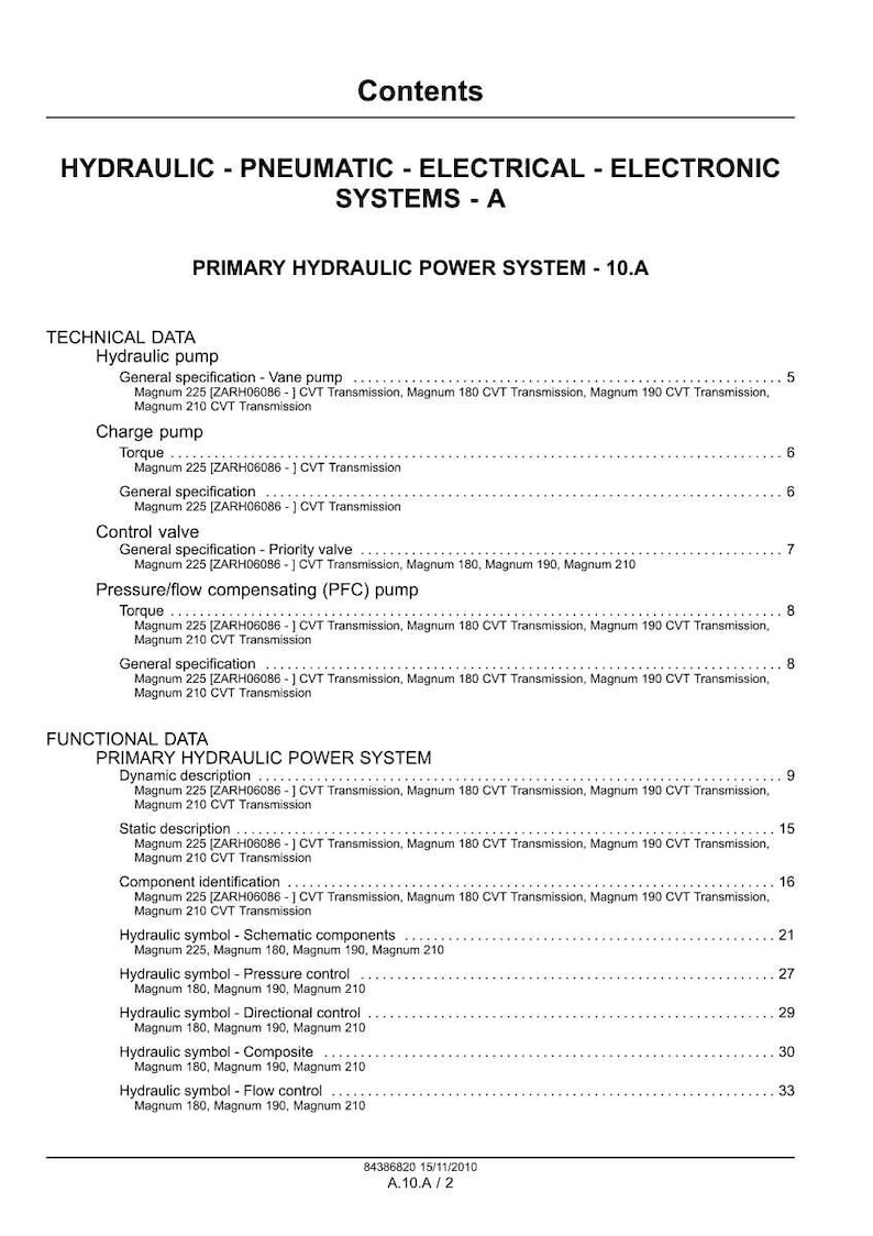 May include: A detailed table of contents for a hydraulic, pneumatic, electrical, and electronic systems manual. The document outlines technical and functional data, including hydraulic pumps, control valves, and symbols.