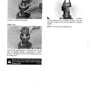 May include: Technical diagram with instructions for mechanical assembly. Step-by-step illustrations show gear installation and bearing procedures. Text includes warnings about handling heated parts and temperature specifications.