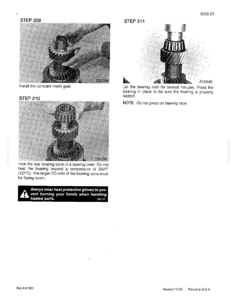 May include: Technical diagram with instructions for mechanical assembly. Step-by-step illustrations show gear installation and bearing procedures. Text includes warnings about handling heated parts and temperature specifications.