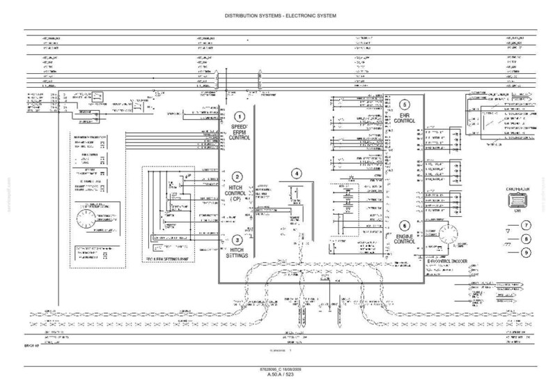 May include: A detailed black and white schematic diagram labeled "DISTRIBUTION SYSTEMS - ELECTRONIC SYSTEM." The diagram includes various control systems, including Speed/ERPM Control, Hitch Control, and Engine Control. Text and symbols are used to represent the electronic components.