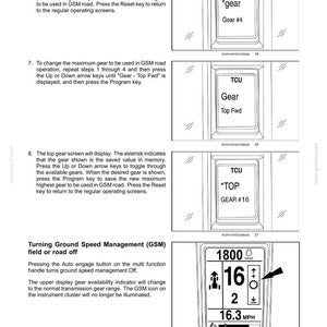 May include: A technical manual page titled 4 - OPERATING INSTRUCTIONS featuring black and white diagrams of a TCU display screen. The text explains how to toggle gear settings, set maximum gears, and turn off Ground Speed Management with 16.3 MPH.