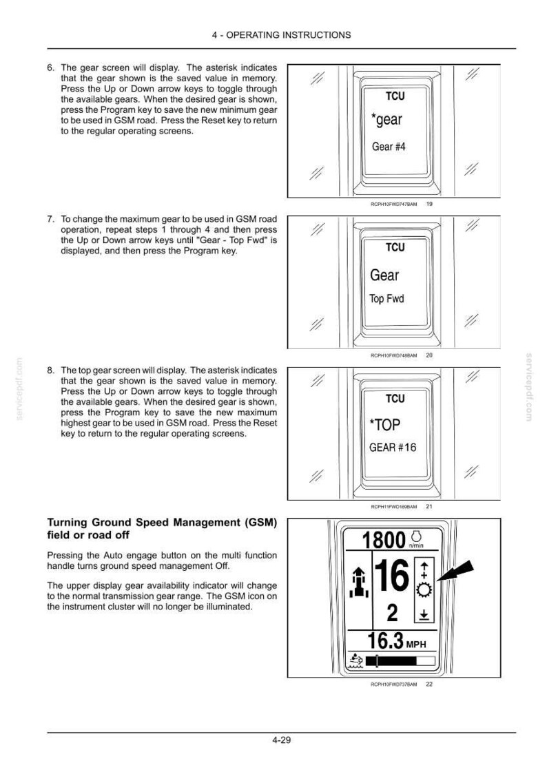 May include: A technical manual page titled 4 - OPERATING INSTRUCTIONS featuring black and white diagrams of a TCU display screen. The text explains how to toggle gear settings, set maximum gears, and turn off Ground Speed Management with 16.3 MPH.