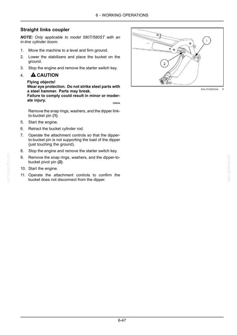 May include: Diagram of a straight links coupler with numbered parts and instructions. Text includes safety warnings about flying objects and eye protection. The image is from a service manual.