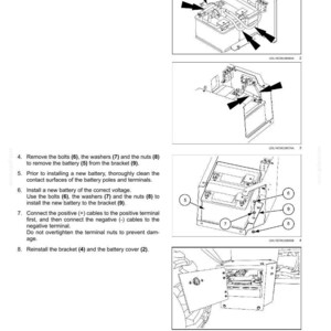 May include: Diagram illustrating battery maintenance steps. Includes images of disconnecting cables, removing bolts, cleaning terminals, installing a new battery, and reconnecting cables. Text includes numbered instructions and component labels.