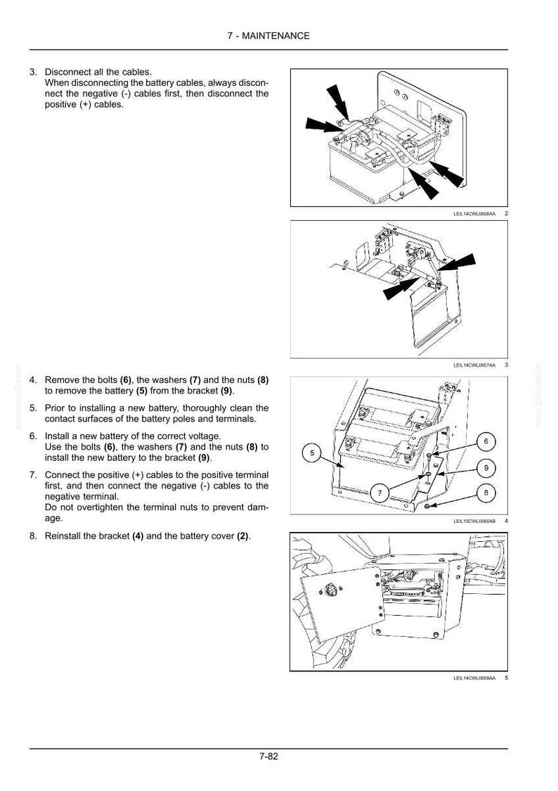 May include: Diagram illustrating battery maintenance steps. Includes images of disconnecting cables, removing bolts, cleaning terminals, installing a new battery, and reconnecting cables. Text includes numbered instructions and component labels.