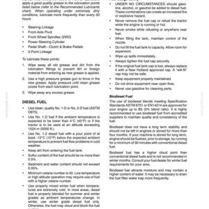Puede incluir: Una p&aacute;gina de documento t&eacute;cnico titulada Section 3 - Lubrication and Maintenance. Contiene instrucciones para lubricar accesorios de tractor, especificaciones de combustible di&eacute;sel, pautas de seguridad de uso de combustible e informaci&oacute;n sobre biodi&eacute;sel.
