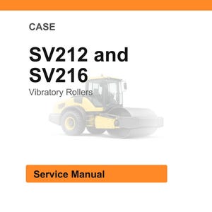 Op de afbeelding: Een servicehandleiding voor CASE SV212 en SV216 trilwalsen. De afbeelding toont een gele en grijze trilwals, met de tekst "SV212 en SV216" en "Service Manual" in vette, zwarte en oranje tekst.