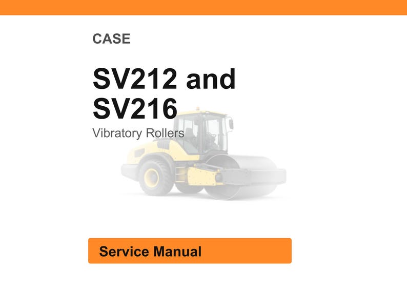 Op de afbeelding: Een servicehandleiding voor CASE SV212 en SV216 trilwalsen. De afbeelding toont een gele en grijze trilwals, met de tekst "SV212 en SV216" en "Service Manual" in vette, zwarte en oranje tekst.