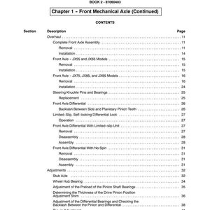 May include: A manual page titled "SECTION 25 - MFD AXLE" with a table of contents. The table lists topics such as "Front Axle Assembly," "Front Axle Differential," and "Adjustments." The page number "11" is visible at the bottom.