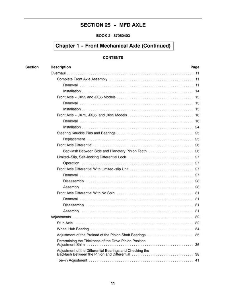 May include: A manual page titled "SECTION 25 - MFD AXLE" with a table of contents. The table lists topics such as "Front Axle Assembly," "Front Axle Differential," and "Adjustments." The page number "11" is visible at the bottom.