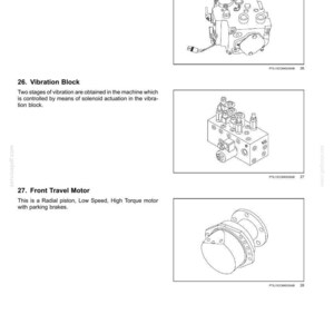 K&ouml;nnte beinhalten: Diagramm von drei mechanischen Komponenten: einer Verstellpumpe, einem Vibrationsblock und einem Frontantriebsmotor. Die Verstellpumpe ist eine komplexe Baugruppe mit mehreren Anschl&uuml;ssen. Der Vibrationsblock hat mehrere vorstehende Elemente. Der Frontantriebsmotor ist ein kreisf&ouml;rmiges Bauteil mit Schraubenl&ouml;chern.