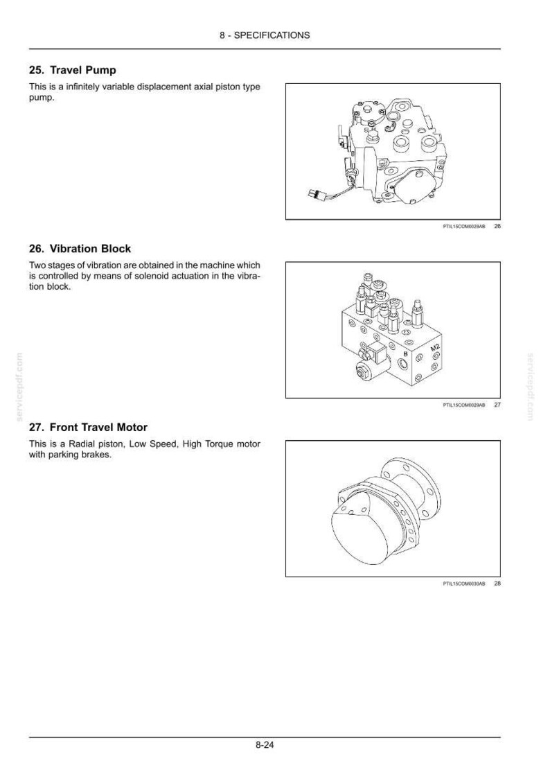 K&ouml;nnte beinhalten: Diagramm von drei mechanischen Komponenten: einer Verstellpumpe, einem Vibrationsblock und einem Frontantriebsmotor. Die Verstellpumpe ist eine komplexe Baugruppe mit mehreren Anschl&uuml;ssen. Der Vibrationsblock hat mehrere vorstehende Elemente. Der Frontantriebsmotor ist ein kreisf&ouml;rmiges Bauteil mit Schraubenl&ouml;chern.