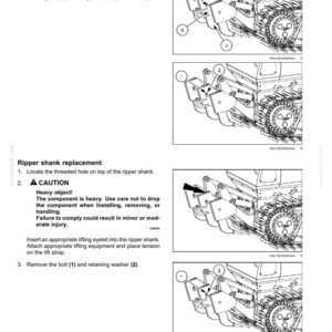 K&ouml;nnte beinhalten: Eine Seite aus einem Wartungshandbuch mit dem Titel 7-MAINTENANCE, die schwarz-wei&szlig;e Strichzeichnungen einer Aufrei&szlig;er-Schaftbaugruppe f&uuml;r einen Kettentraktor zeigt. Das Dokument enth&auml;lt nummerierte Anweisungen, einen Warnhinweis und Diagramme.