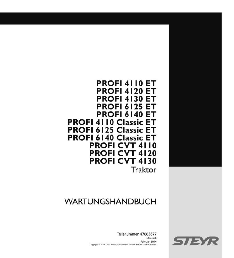 May include: A white maintenance manual cover with black text listing tractor models including PROFI 4110 ET, 4120 ET, 4130 ET, 6125 ET, 6140 ET, Classic ET variants, and CVT models. The bottom includes part number 47665877, date February 2014, and STEYR logo.