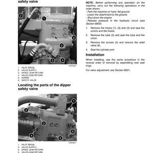 May include: Technical diagram titled "BOOM AND DIPPER SAFETY VALVES" with detailed illustrations of valve components. Includes labels for pilot spool, valve supply, and other parts. Instructions for removal and installation are also provided.