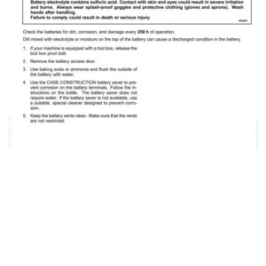 May include: A page from a maintenance manual with the title "Battery" and a warning about hazardous chemicals. The text details safety precautions, including wearing protective gear and washing hands. Instructions are provided for battery maintenance.