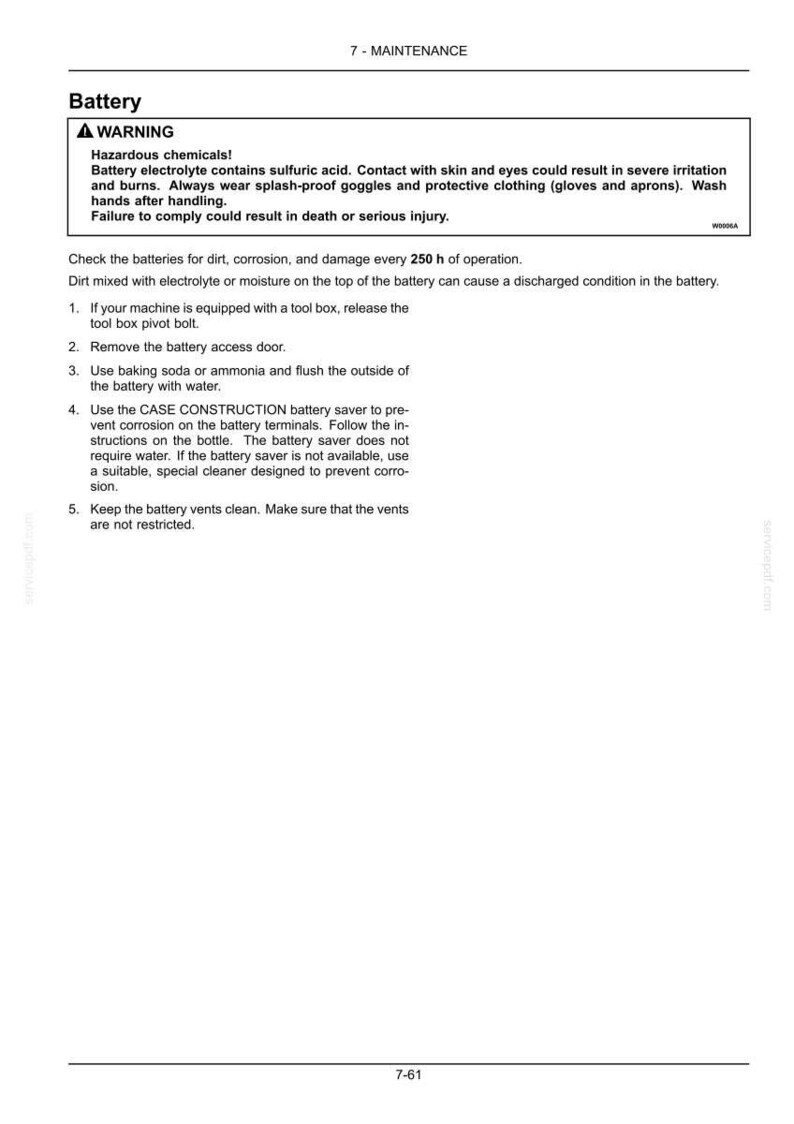 May include: A page from a maintenance manual with the title "Battery" and a warning about hazardous chemicals. The text details safety precautions, including wearing protective gear and washing hands. Instructions are provided for battery maintenance.