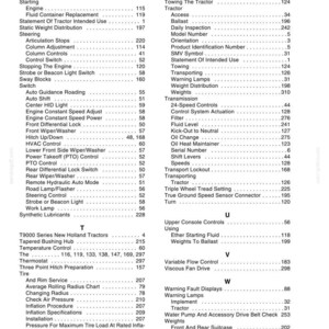 May include: A black and white printed detail index page from a technical manual, featuring alphabetical lists of tractor components and maintenance topics with corresponding page numbers, including sections for T, U, V, and W categories.