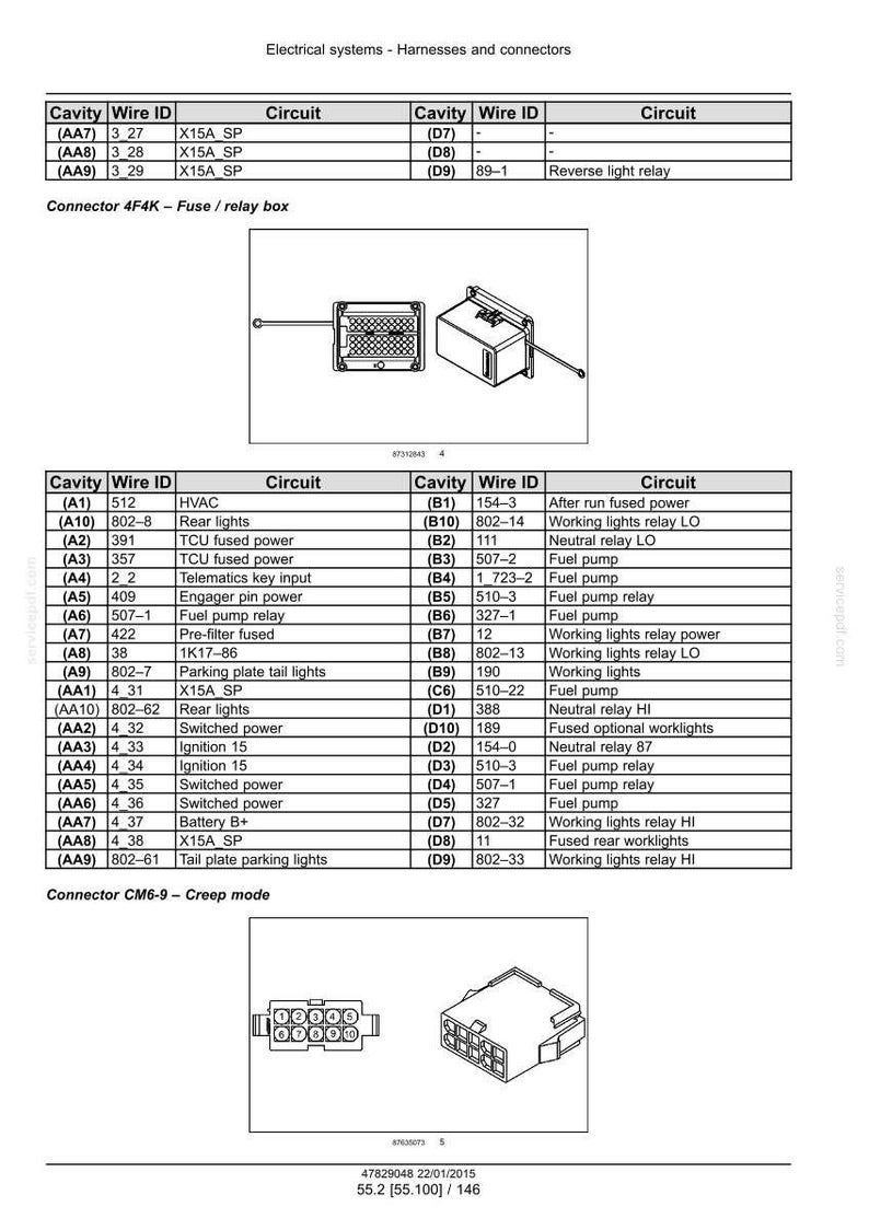 May include: Diagram showing electrical systems, harnesses, and connectors. Tables detail cavity wire IDs, circuits, and connector information. Includes a fuse/relay box and connector CM6-9.