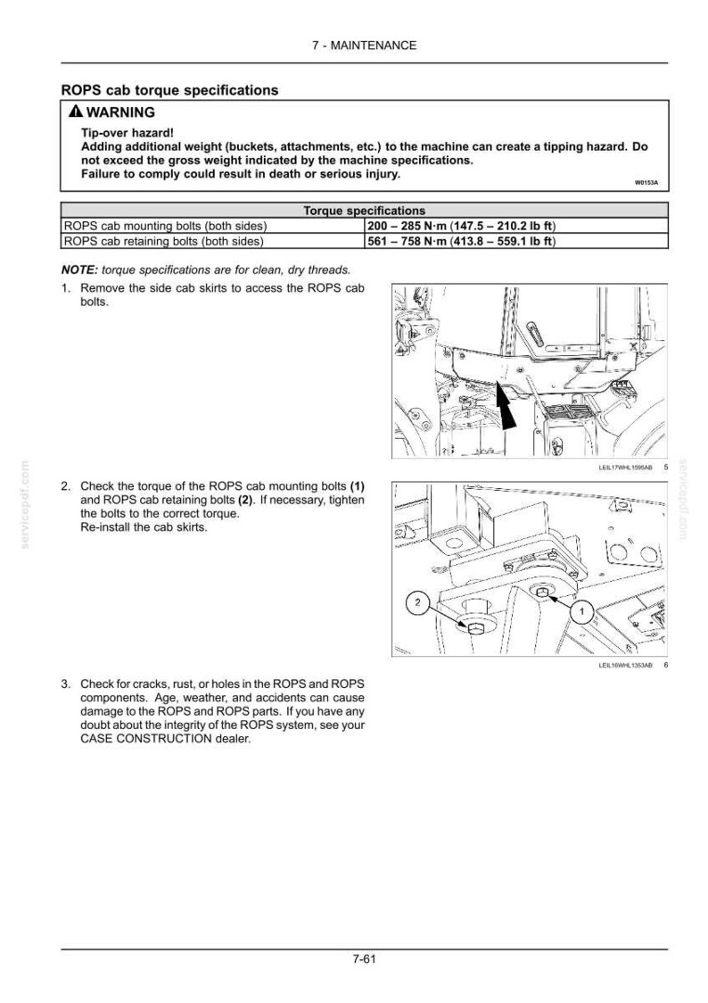 May include: Diagram of ROPS cab torque specifications with warnings about tipping hazards. Includes torque specifications for mounting and retaining bolts, with measurements in lb ft. Instructions detail bolt removal, torque checks, and re-installation.
