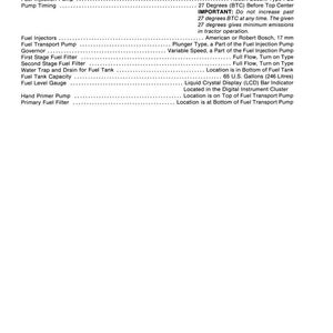 May include: A detailed diagram of a fuel system, including components like the fuel injection pump, fuel injectors, and fuel tank capacity of 65 U.S. gallons. The text includes technical specifications and warnings.