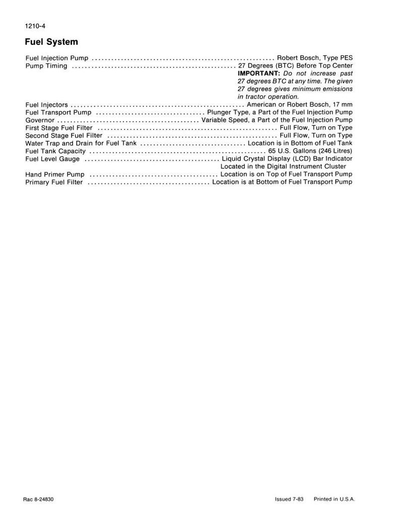 May include: A detailed diagram of a fuel system, including components like the fuel injection pump, fuel injectors, and fuel tank capacity of 65 U.S. gallons. The text includes technical specifications and warnings.