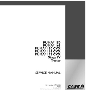 May include: A white service manual cover with the text "PUMA 150, 165, 150 CVX, 165 CVX, 175 CVX, Stage IV Tractor, SERVICE MANUAL". The Case IH Agriculture logo is in the bottom right corner.