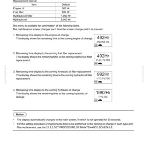 May include: A page from a manual detailing the Mechatro Control System. It includes a table showing replacement intervals for engine oil, fuel filter, and hydraulic oil. Displays remaining time before service, such as 492Hr for engine oil.