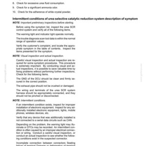 May include: A detailed document with text related to the Selective Catalytic Reduction (SCR) electrical system. The document includes instructions for checking the engine, urea fluid consumption, ammonia odor, and white crystal powder adherence. It also covers intermittent conditions and visual inspections.