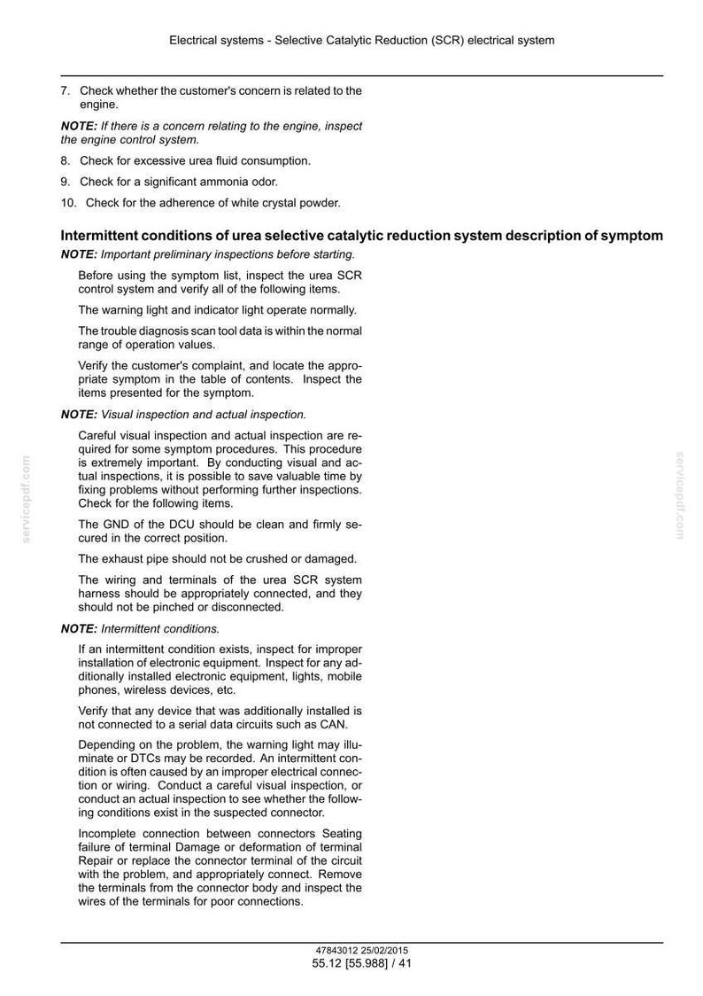 May include: A detailed document with text related to the Selective Catalytic Reduction (SCR) electrical system. The document includes instructions for checking the engine, urea fluid consumption, ammonia odor, and white crystal powder adherence. It also covers intermittent conditions and visual inspections.