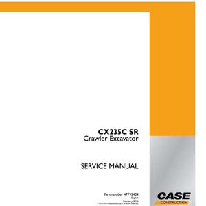 Op de afbeelding: Een witte servicehandleiding voor een CX235C SR-rupsgraafmachine. De cover bevat de tekst "SERVICE MANUAL" en "CASE CONSTRUCTION" in het zwart. Het onderdeelnummer van de handleiding is 47795404 en is gepubliceerd in februari 2016.