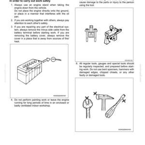 May include: Diagrams and text from a manual detailing service precautions and general information. Illustrations include a battery, tools, and a workbench. The text provides safety instructions for working on engines and electrical systems.