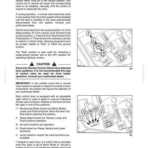 Może przedstawiać: Strona z instrukcji technicznej zatytułowana SECTION 3 - FIELD OPERATIONS, szczeg&oacute;łowo opisująca obsługę dźwigni sterujących. Zawiera instrukcje dotyczące zawor&oacute;w zdalnych oraz dwa schematy przedstawiające pozycje dźwigni F, L, N, R oraz I do V.
