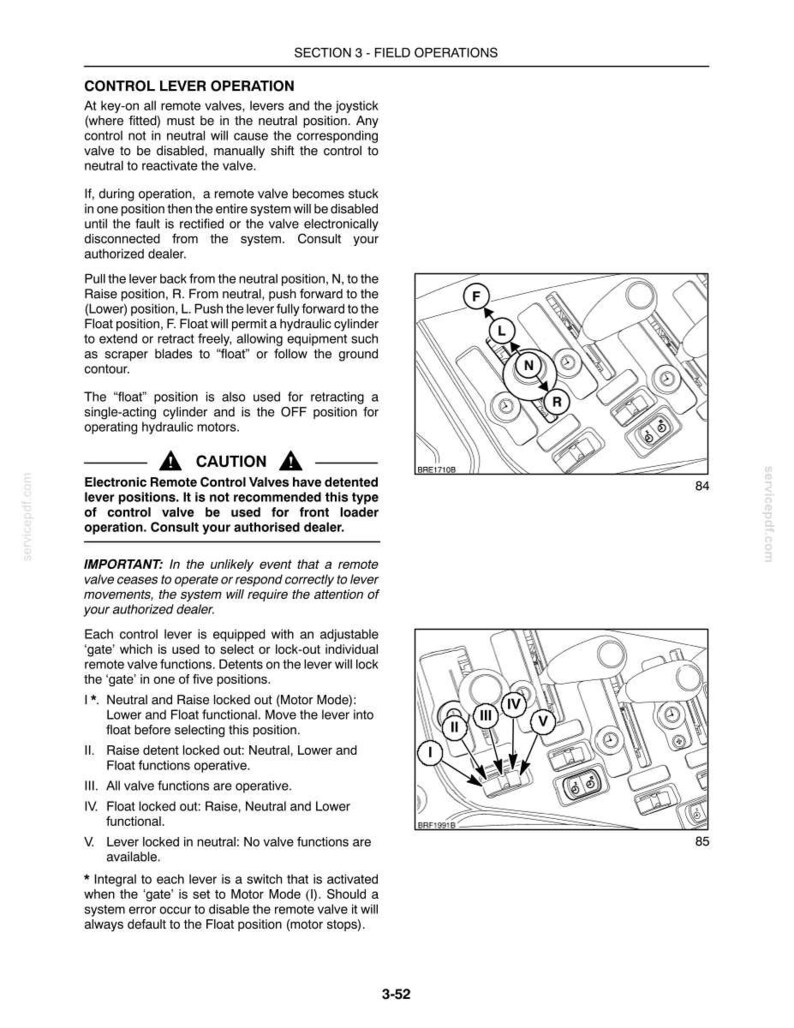 Może przedstawiać: Strona z instrukcji technicznej zatytułowana SECTION 3 - FIELD OPERATIONS, szczeg&oacute;łowo opisująca obsługę dźwigni sterujących. Zawiera instrukcje dotyczące zawor&oacute;w zdalnych oraz dwa schematy przedstawiające pozycje dźwigni F, L, N, R oraz I do V.