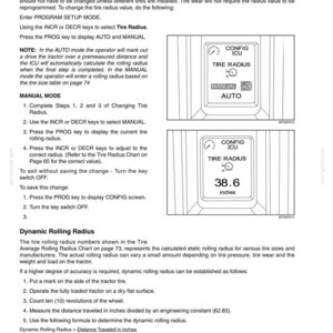 Pu&ograve; includere: Una pagina di manuale tecnico intitolata 4-INSTRUMENTATION che descrive il processo per la modifica del raggio del pneumatico. Include istruzioni testuali e due diagrammi di un display digitale che mostra CONFIG ICU, TIRE RADIUS e 38.6 inches.