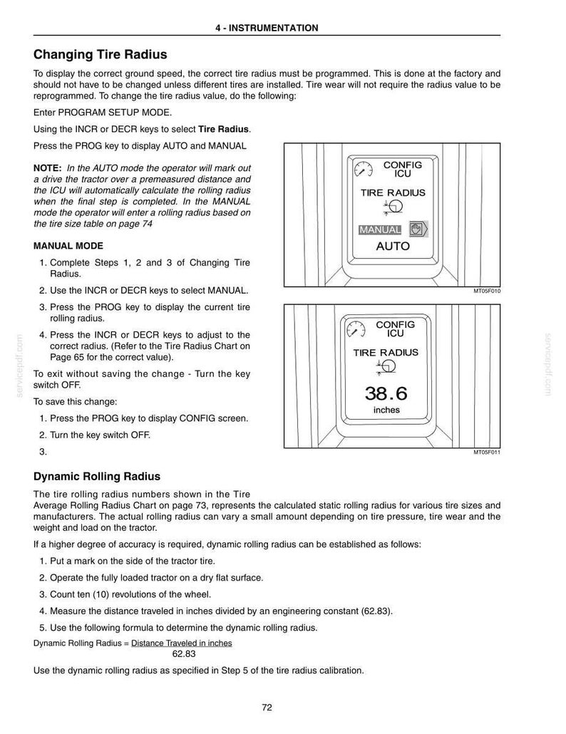 Pu&ograve; includere: Una pagina di manuale tecnico intitolata 4-INSTRUMENTATION che descrive il processo per la modifica del raggio del pneumatico. Include istruzioni testuali e due diagrammi di un display digitale che mostra CONFIG ICU, TIRE RADIUS e 38.6 inches.