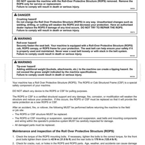 May include: Safety information document about the Roll Over Protective Structure (ROPS) for a machine. Includes warnings about crushing and tip-over hazards, and instructions for maintenance and inspection. Text includes measurements in Nm and lb ft.