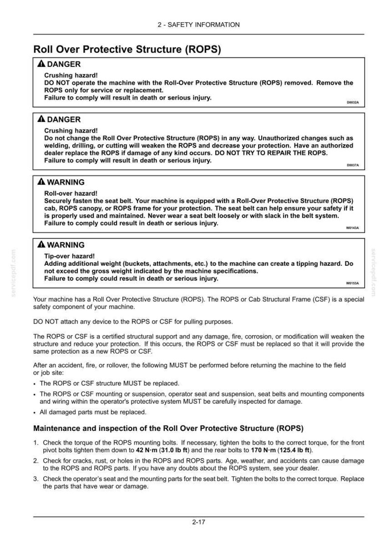 May include: Safety information document about the Roll Over Protective Structure (ROPS) for a machine. Includes warnings about crushing and tip-over hazards, and instructions for maintenance and inspection. Text includes measurements in Nm and lb ft.