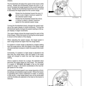 May include: A technical manual page titled 4 - OPERATING INSTRUCTIONS detailing the speed range thumbwheel for an Auto Command transmission. It includes two diagrams of a control handle with a thumbwheel, plus and minus symbols, and text.