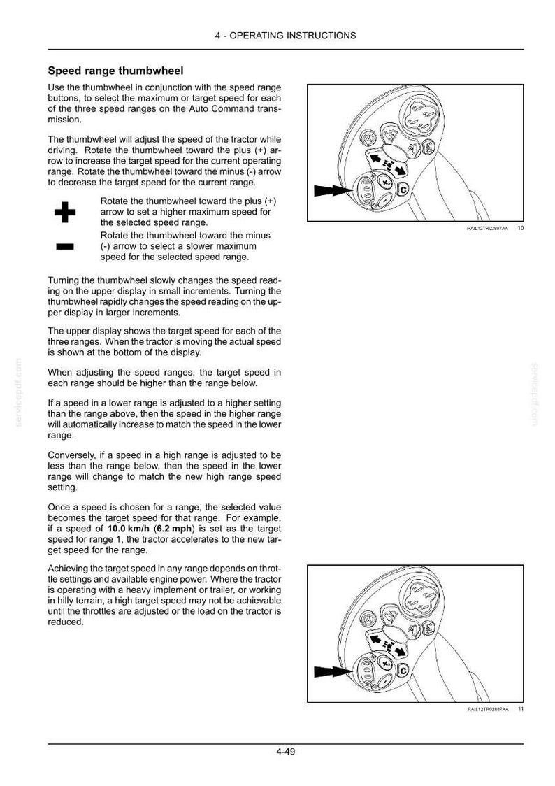 May include: A technical manual page titled 4 - OPERATING INSTRUCTIONS detailing the speed range thumbwheel for an Auto Command transmission. It includes two diagrams of a control handle with a thumbwheel, plus and minus symbols, and text.