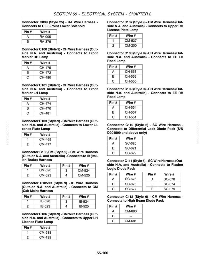 May include: A technical document page titled Section 55 - Electrical System - Chapter 2, featuring a series of tables listing electrical connector identification numbers, wire harness styles, and specific pin-to-wire mapping for various vehicle components.