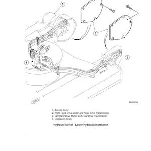 K&ouml;nnte beinhalten: Eine technische Zeichnung eines Hydrauliksystems mit einer Zugangsabdeckung, Antriebsmotoren und einem Hydraulikdrehgelenk. Die Illustration enth&auml;lt Beschriftungen und eine detaillierte Ansicht der Komponenten, mit dem Text "Hydraulic Swivel - Lower Hydraulic Installation".