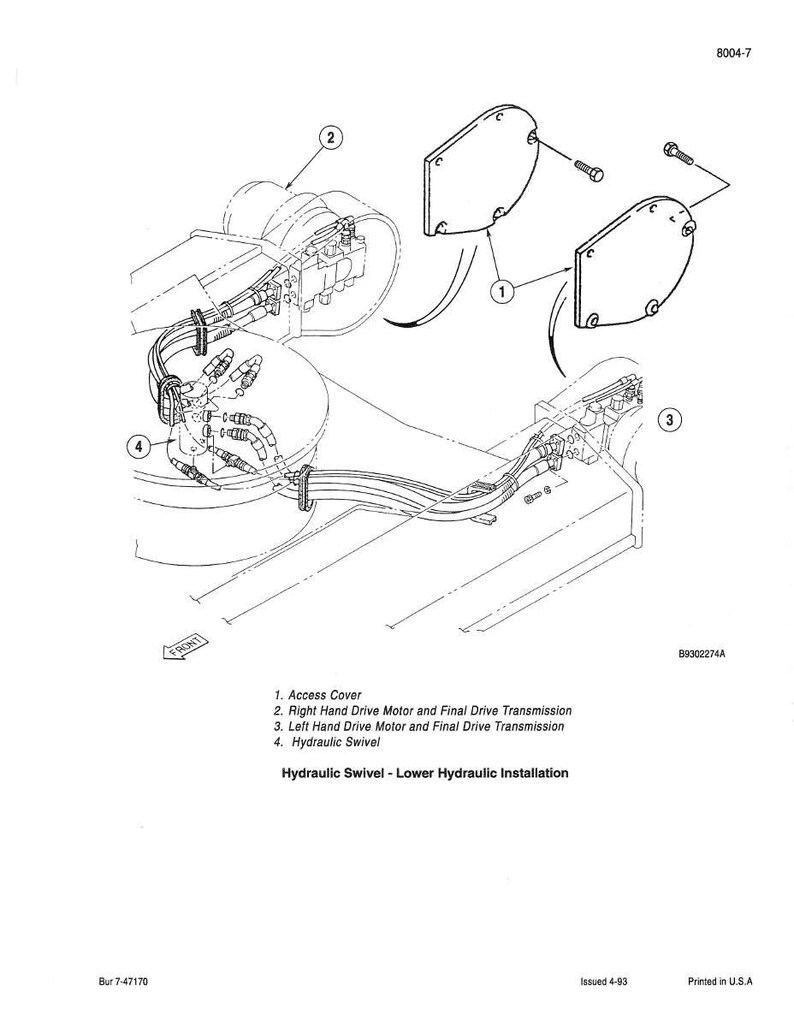 K&ouml;nnte beinhalten: Eine technische Zeichnung eines Hydrauliksystems mit einer Zugangsabdeckung, Antriebsmotoren und einem Hydraulikdrehgelenk. Die Illustration enth&auml;lt Beschriftungen und eine detaillierte Ansicht der Komponenten, mit dem Text "Hydraulic Swivel - Lower Hydraulic Installation".