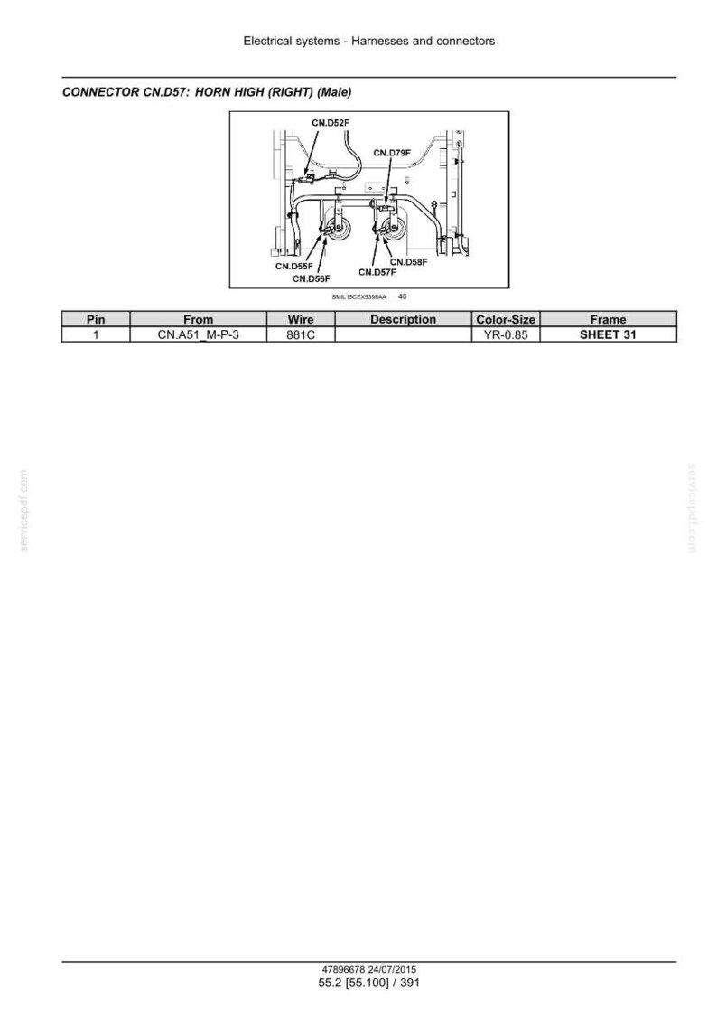 May include: Diagram of electrical system components, including connectors and wiring. The image shows a detailed illustration of a horn system, labeled with part numbers and specifications. Text includes "CONNECTOR CN.D57: HORN HIGH (RIGHT) (Male)".