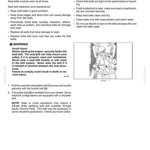 May include: A page from a safety manual detailing seat belt precautions. Text includes warnings about seat belt use and maintenance. An illustration shows seat belt components. The text also mentions a 3-inch webbing seat belt.