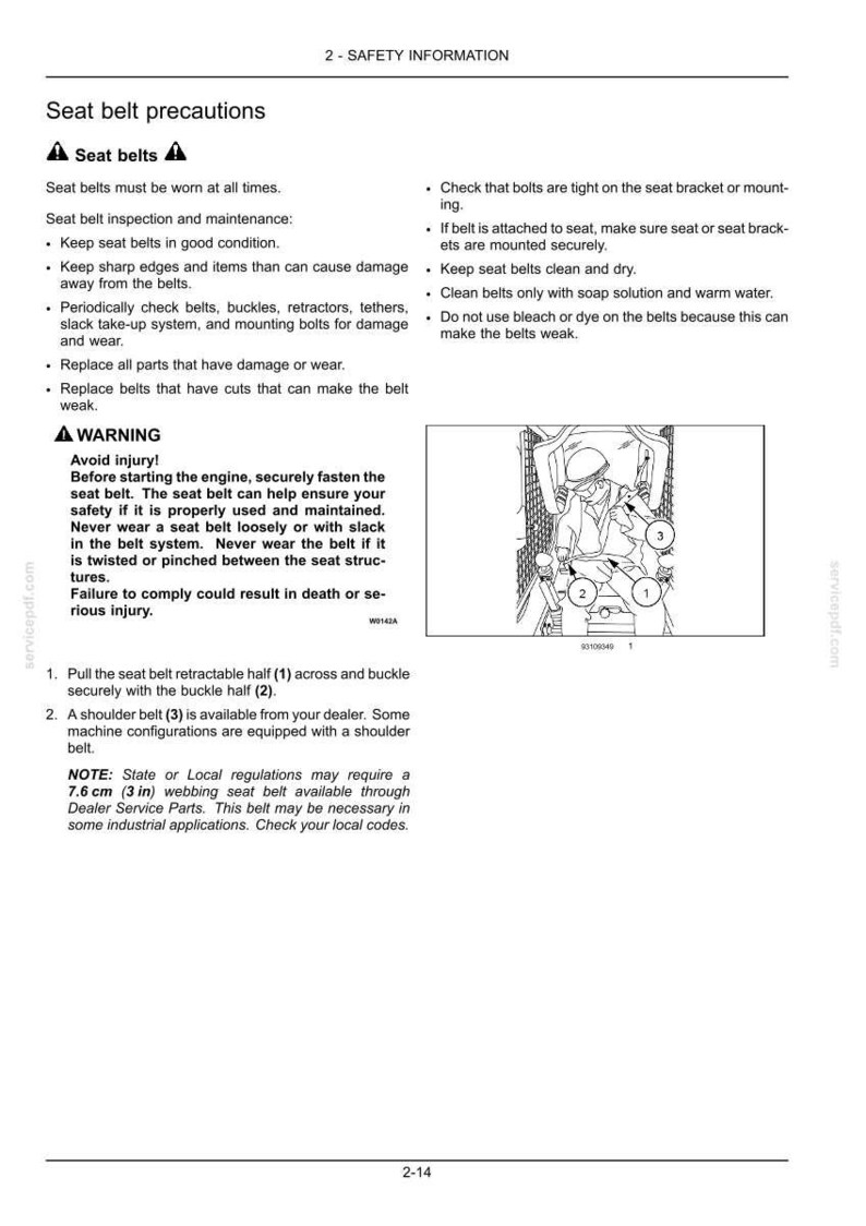 May include: A page from a safety manual detailing seat belt precautions. Text includes warnings about seat belt use and maintenance. An illustration shows seat belt components. The text also mentions a 3-inch webbing seat belt.