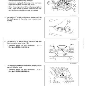 May include: Diagram of hydraulic swing system maintenance instructions. Includes wrench sizes in millimeters and inch-pounds for tightening torque. Shows removal of hoses, bolts, and grease hose.