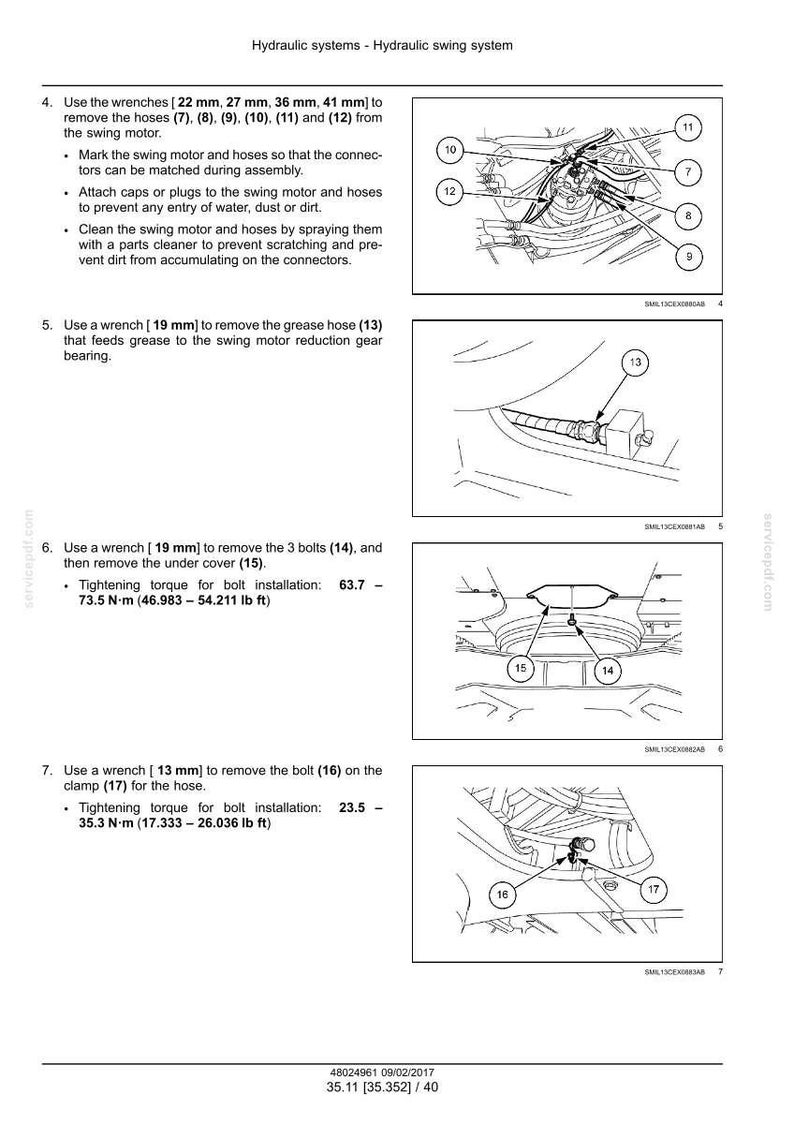 May include: Diagram of hydraulic swing system maintenance instructions. Includes wrench sizes in millimeters and inch-pounds for tightening torque. Shows removal of hoses, bolts, and grease hose.